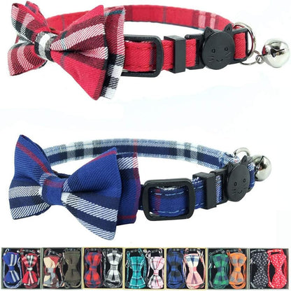 Cat Collar Breakaway with Bell and Bow Tie, Plaid Design Adjustable Safety Kitty Kitten Collars Set of 2 Pcs(6.8-10.8In) (Red&Blue Plaid)