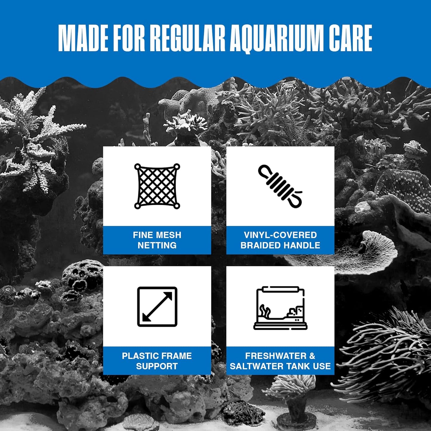 Quick-Net Aquarium Fish Net - Fine Mesh, Vinyl-Covered Braided Handle - Small Aquarium Cleaning Tool for Gentle Fish Handling - Use in Freshwater & Saltwater Tanks