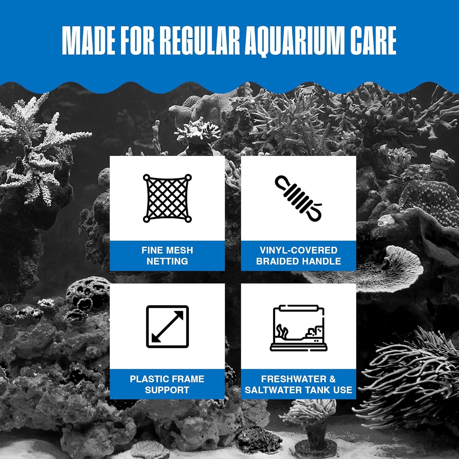 Quick-Net Aquarium Fish Net - Fine Mesh, Vinyl-Covered Braided Handle - Small Aquarium Cleaning Tool for Gentle Fish Handling - Use in Freshwater & Saltwater Tanks