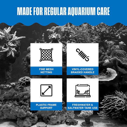 Quick-Net Aquarium Fish Net - Fine Mesh, Vinyl-Covered Braided Handle - Small Aquarium Cleaning Tool for Gentle Fish Handling - Use in Freshwater & Saltwater Tanks