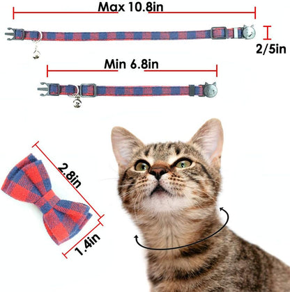 Cat Collar Breakaway with Bell and Bow Tie, Plaid Design Adjustable Safety Kitty Kitten Collars(6.8-10.8In) (Red Plaid 2)