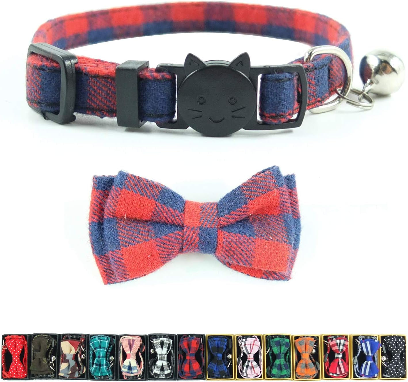 Cat Collar Breakaway with Bell and Bow Tie, Plaid Design Adjustable Safety Kitty Kitten Collars(6.8-10.8In) (Red Plaid 2)