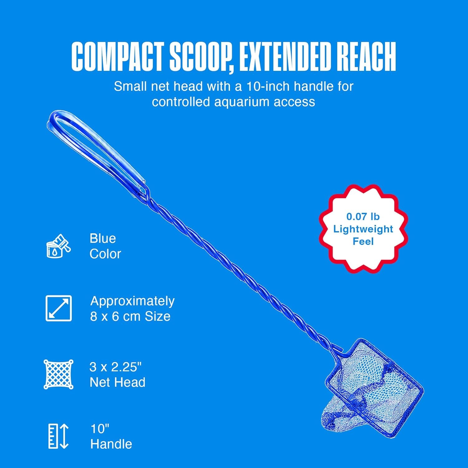 Quick-Net Aquarium Fish Net - Fine Mesh, Vinyl-Covered Braided Handle - Small Aquarium Cleaning Tool for Gentle Fish Handling - Use in Freshwater & Saltwater Tanks